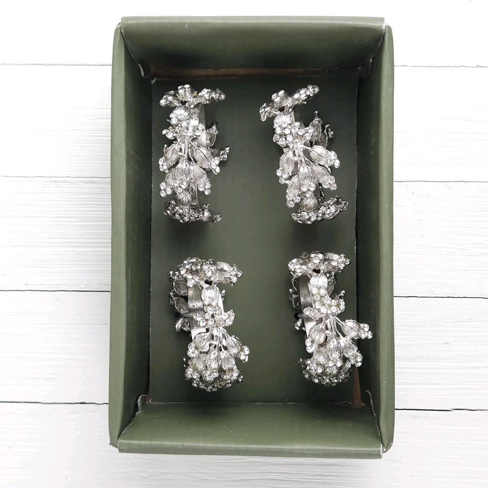 Silver Tone Napkin Ring Rhinestone Floral Metal Glam Wedding Christmas Shabby 4